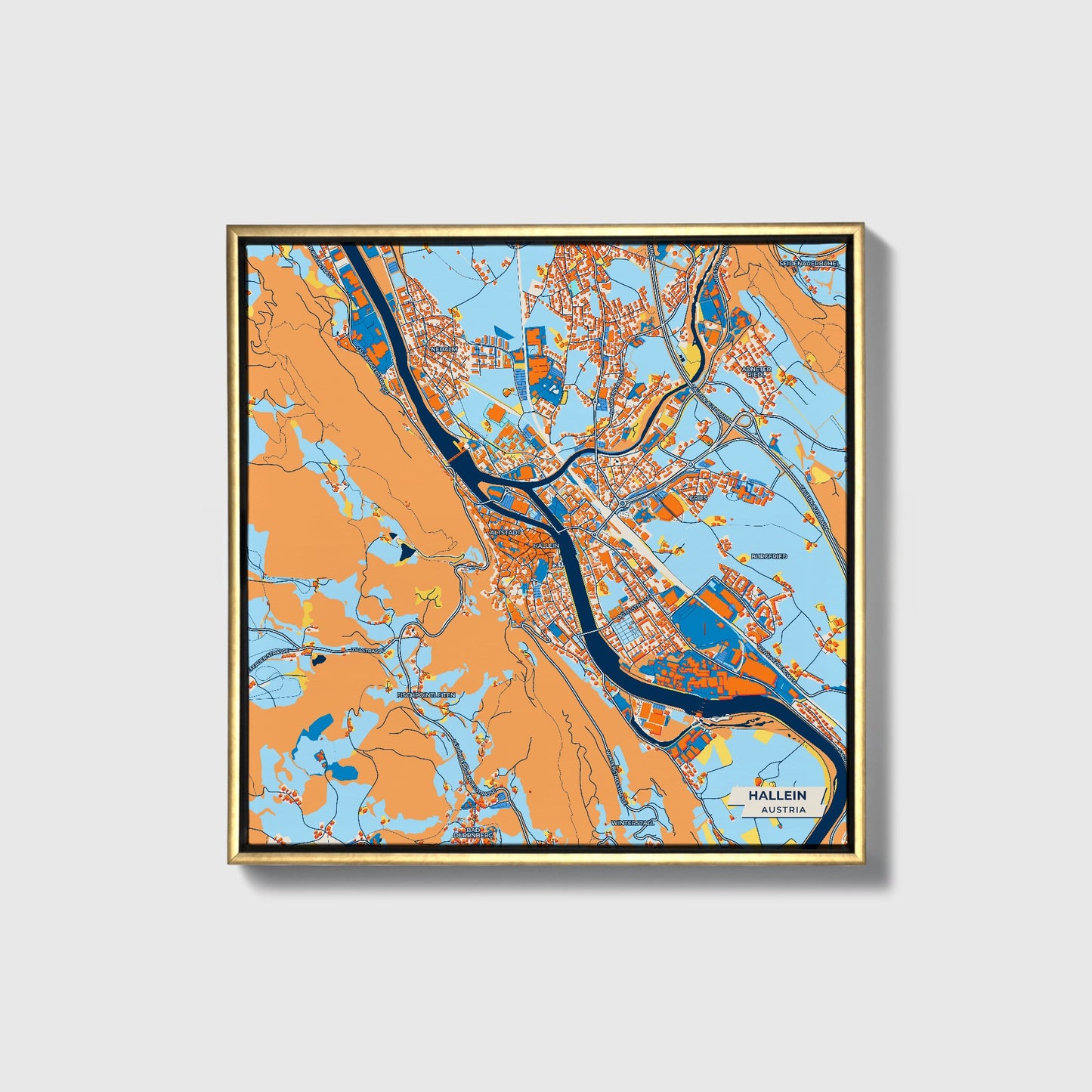 Hallein Austria Colorful City Map Canvas Print • Gold Framed