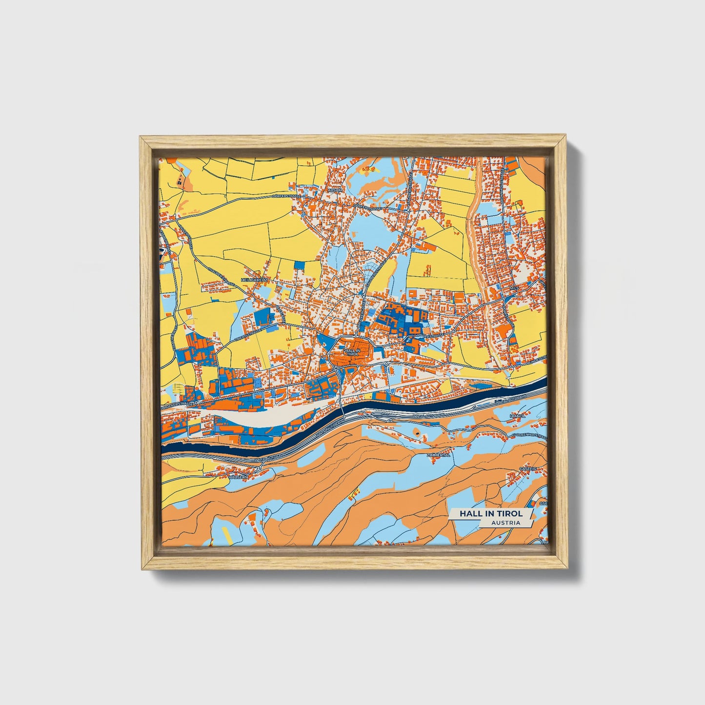 Hall In Tirol Austria Colorful City Map Canvas Print • Natural Wooden Framed