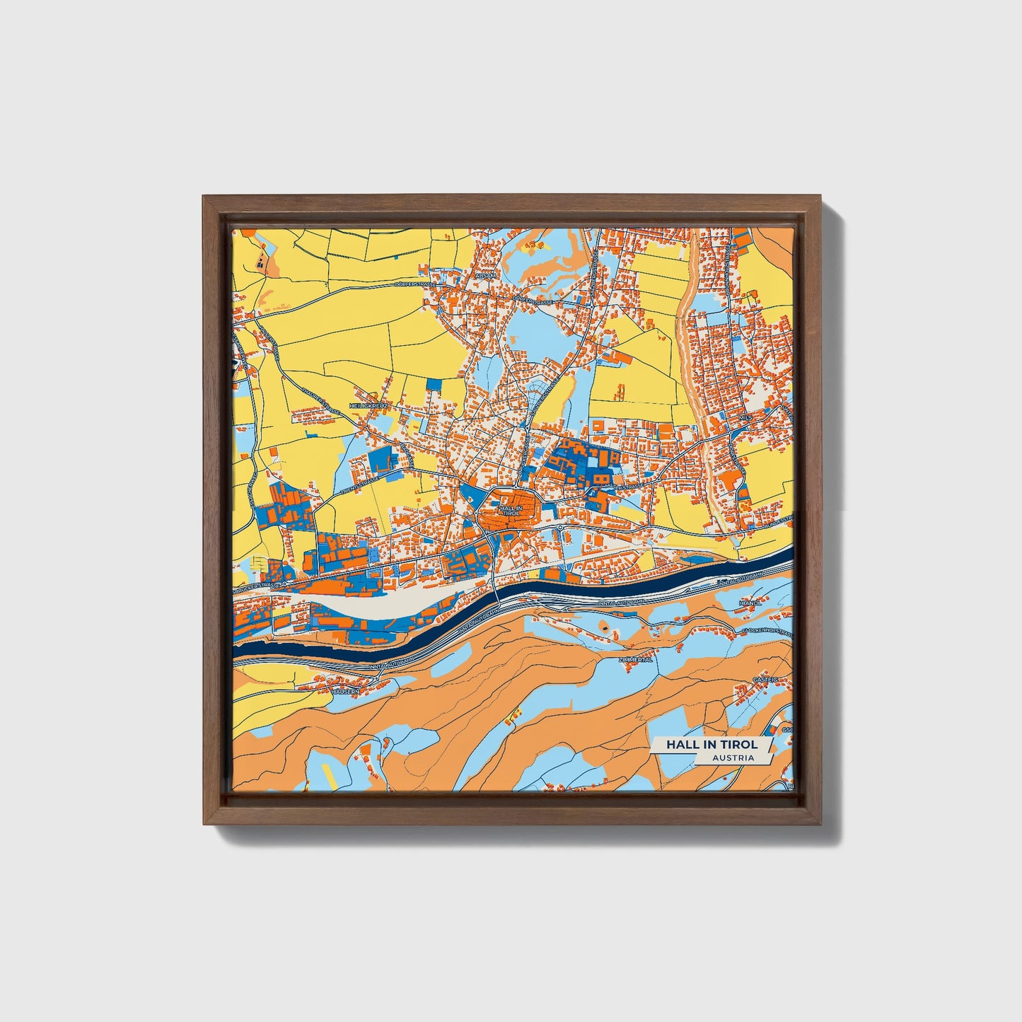 Hall In Tirol Austria Colorful City Map Canvas Print • Dark Wooden Framed