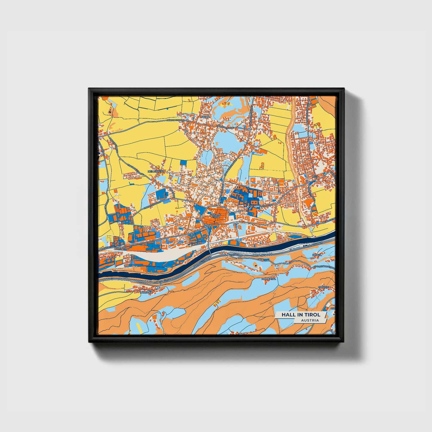 Hall In Tirol Austria Colorful City Map Canvas Print • Black Framed