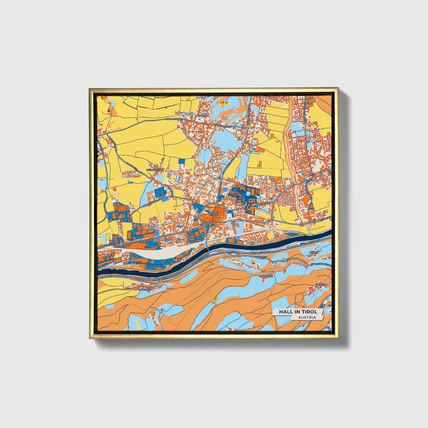 Hall In Tirol Austria Colorful City Map Canvas Print • Gold Framed