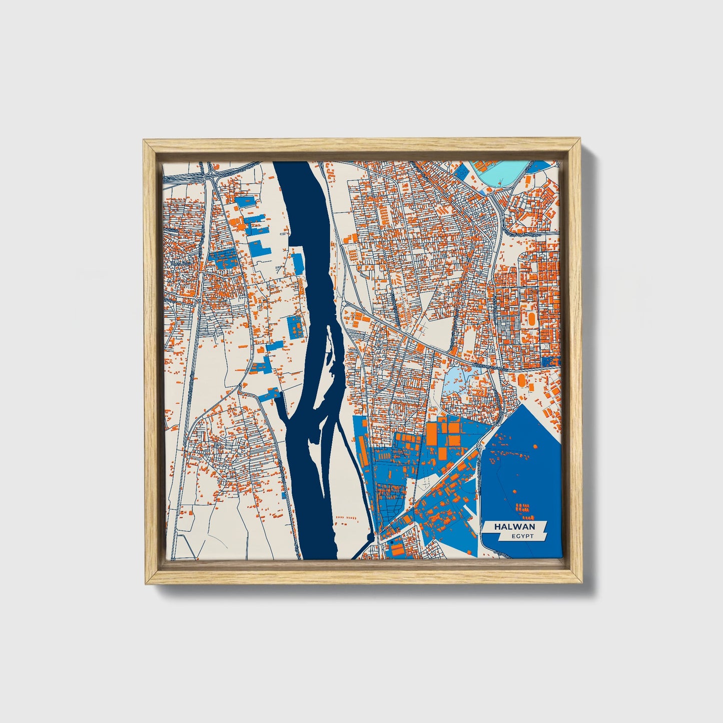 Halwan Egypt Colorful City Map Canvas Print • Natural Wooden Framed