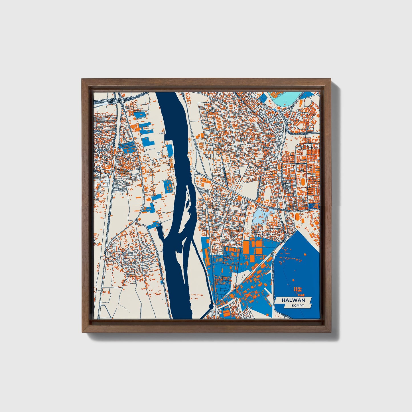 Halwan Egypt Colorful City Map Canvas Print • Dark Wooden Framed