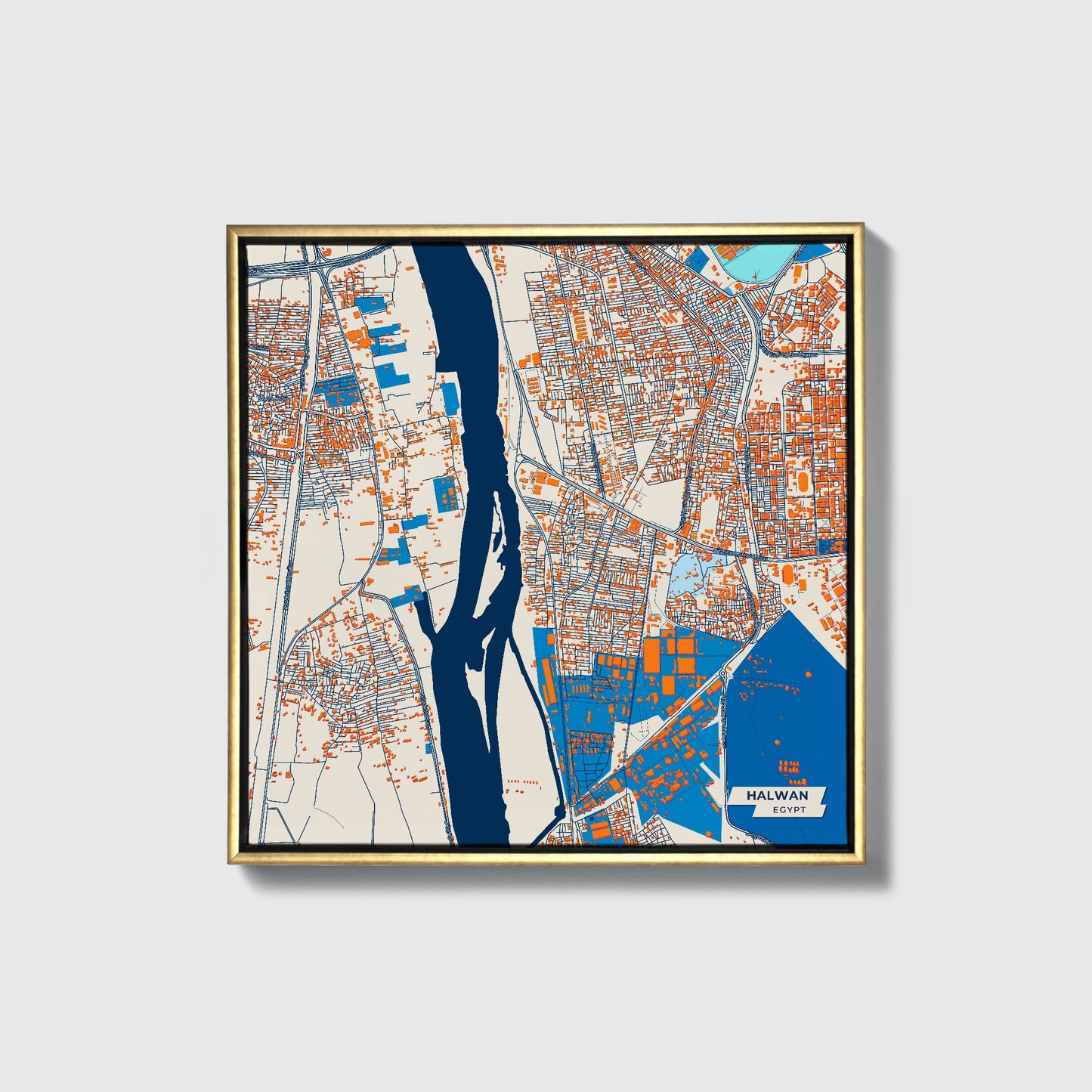 Halwan Egypt Colorful City Map Canvas Print • Gold Framed