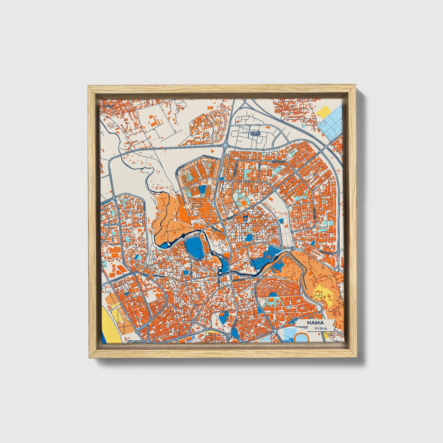 Hama Syria Colorful City Map Canvas Print • Natural Wooden Framed