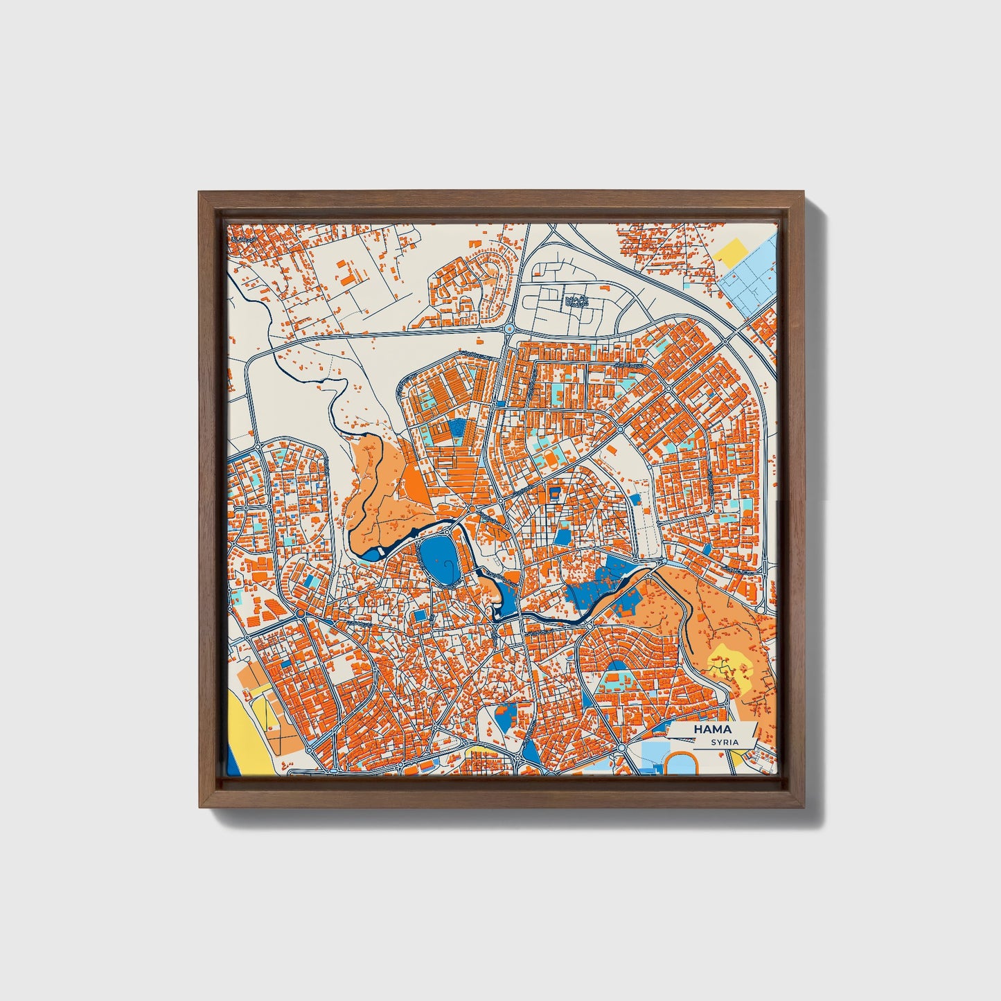 Hama Syria Colorful City Map Canvas Print • Dark Wooden Framed