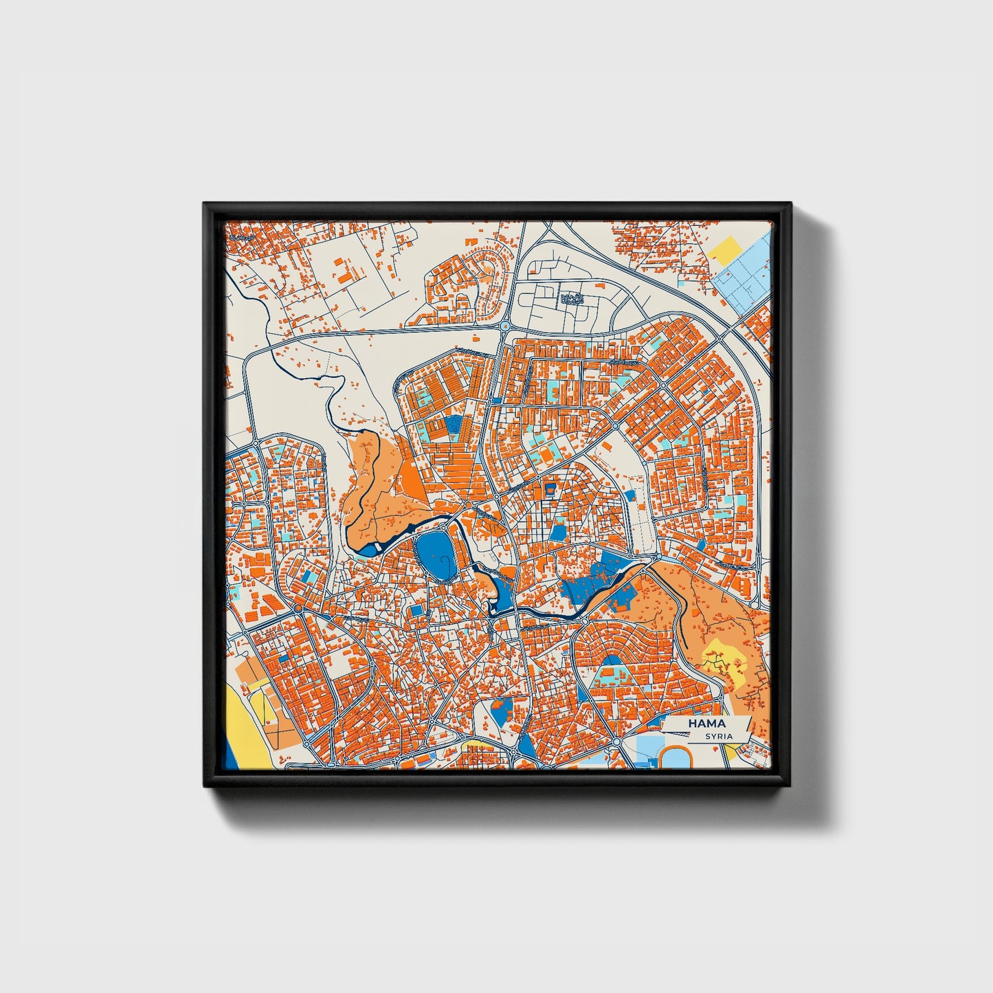 Hama Syria Colorful City Map Canvas Print • Black Framed