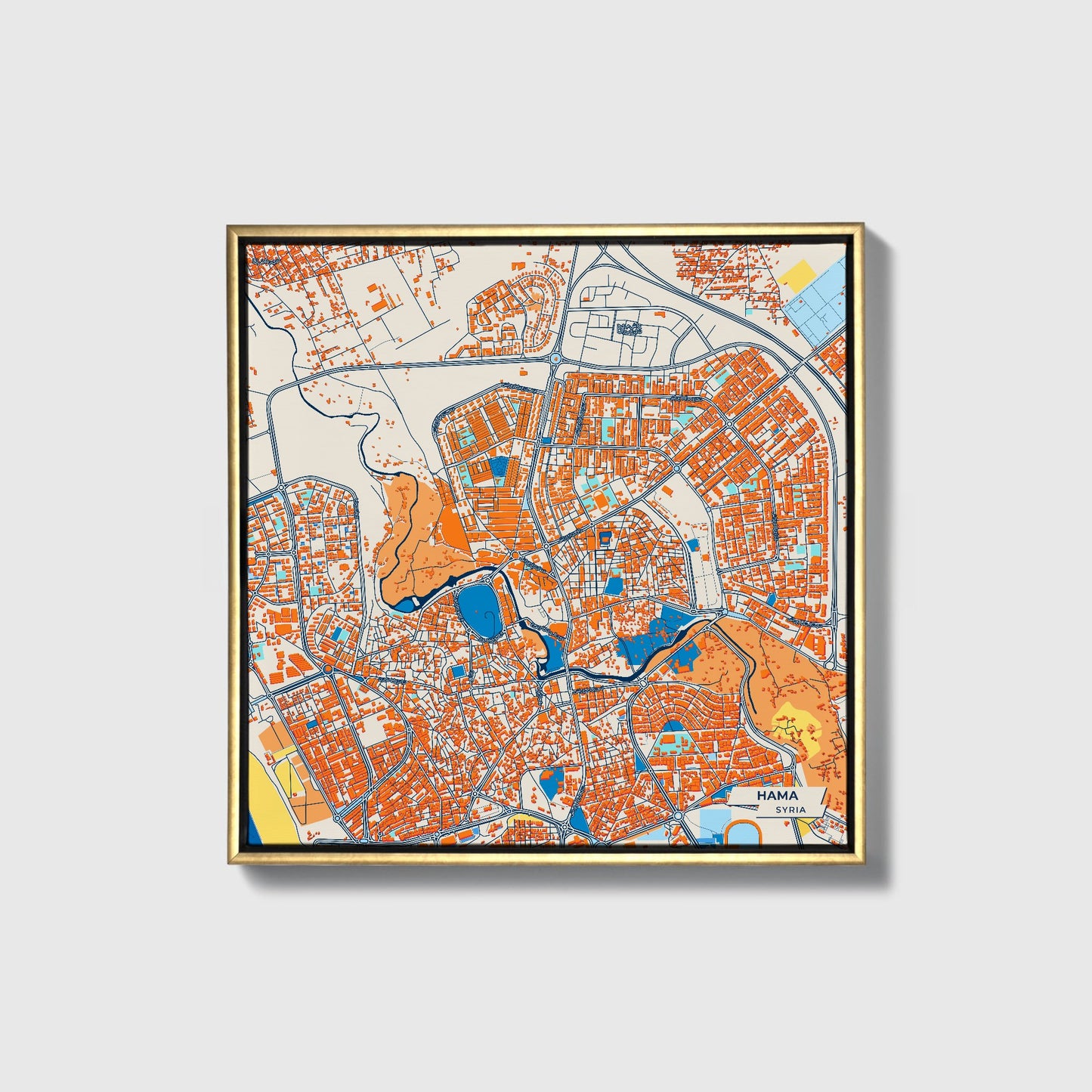 Hama Syria Colorful City Map Canvas Print • Gold Framed