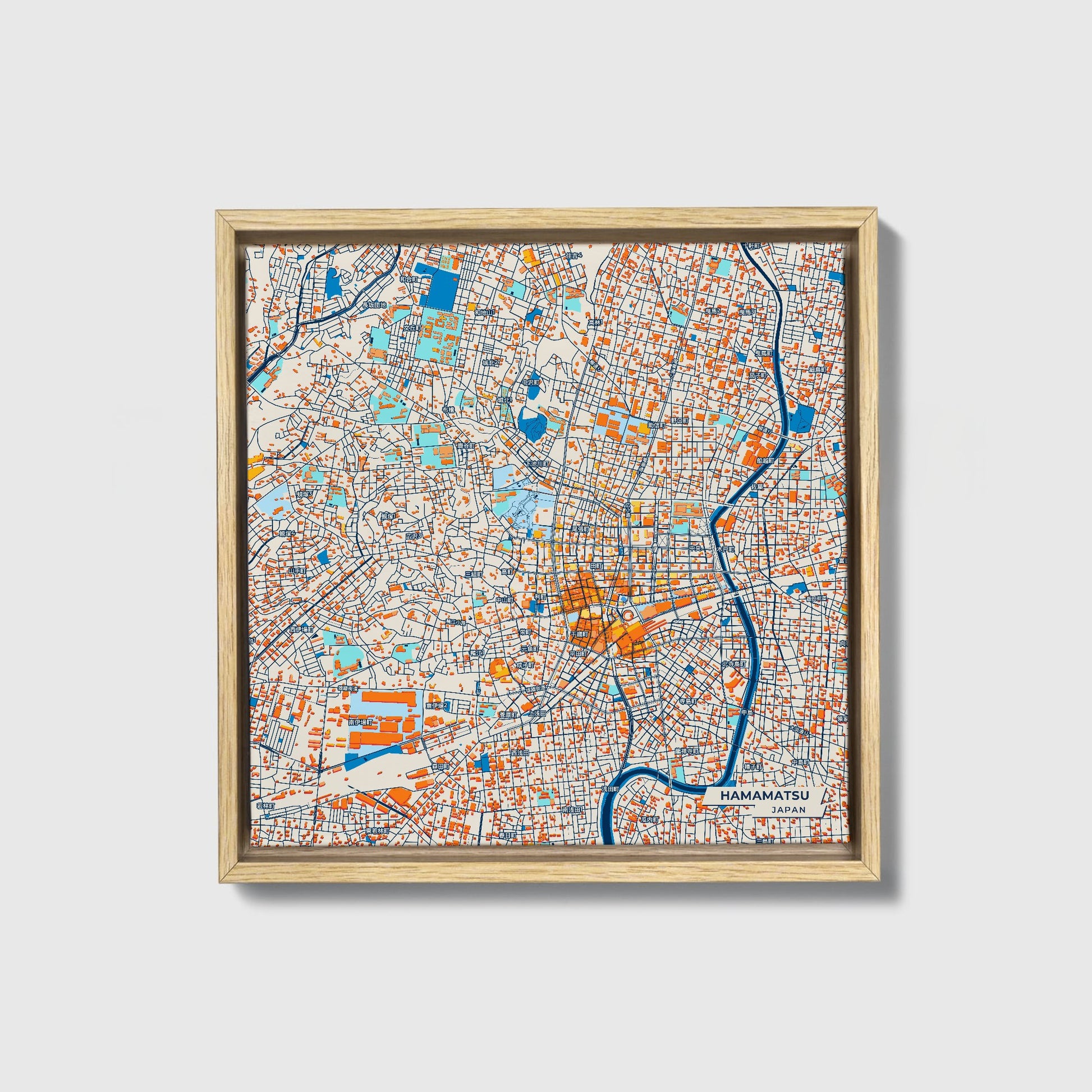 Hamamatsu Japan Colorful City Map Canvas Print • Natural Wooden Framed
