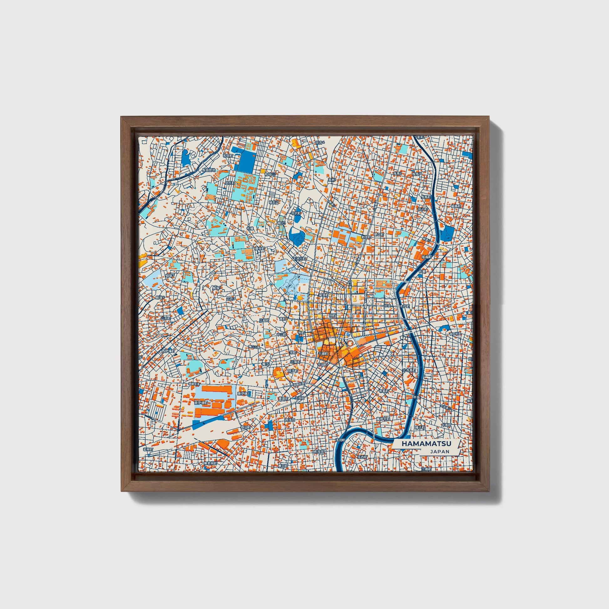 Hamamatsu Japan Colorful City Map Canvas Print • Dark Wooden Framed