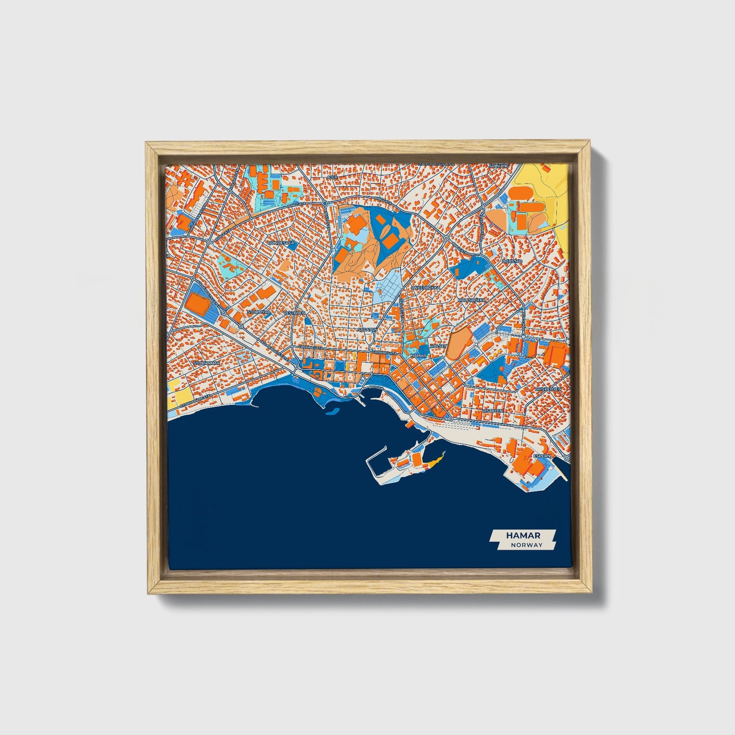 Hamar Norway Colorful City Map Canvas Print • Natural Wooden Framed