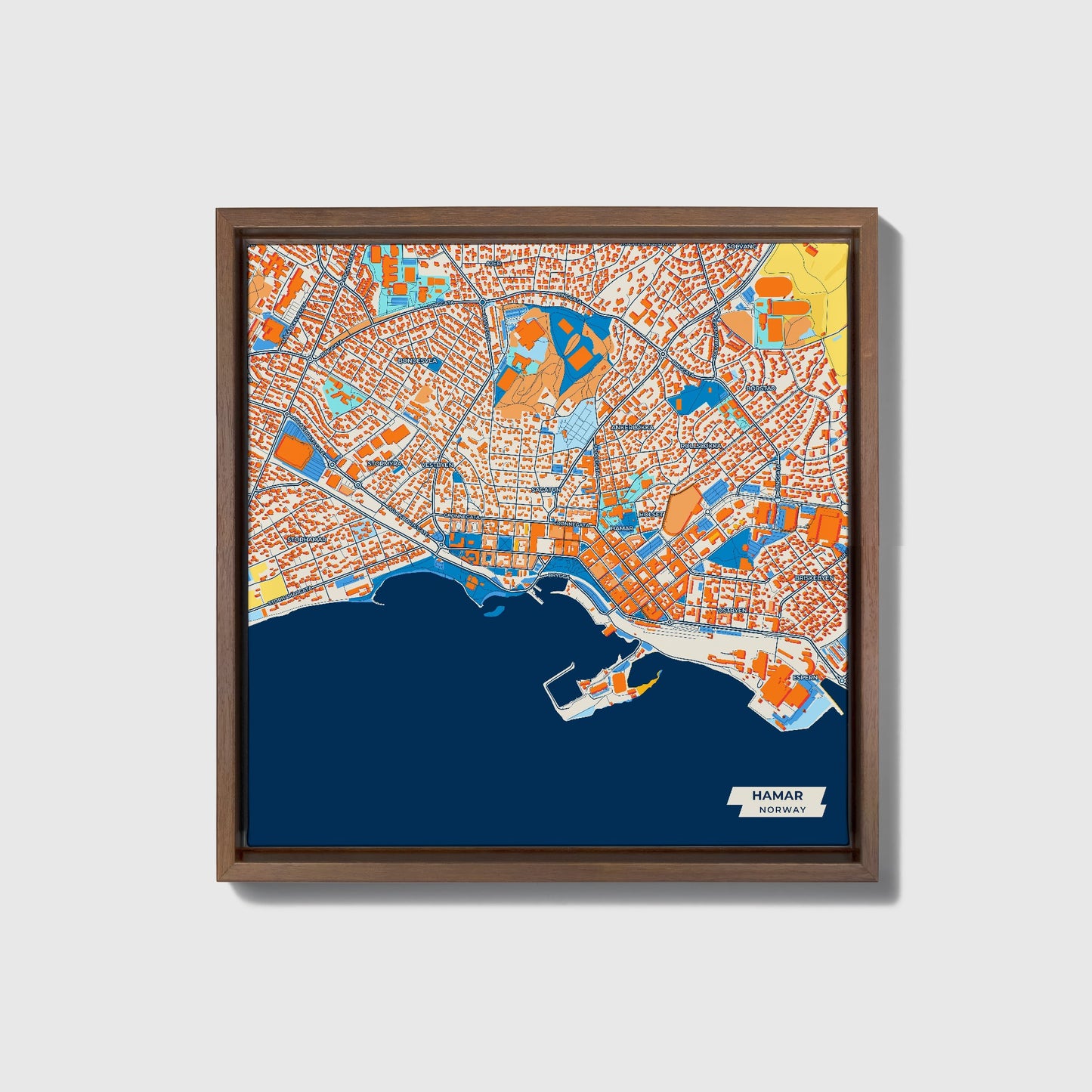 Hamar Norway Colorful City Map Canvas Print • Dark Wooden Framed