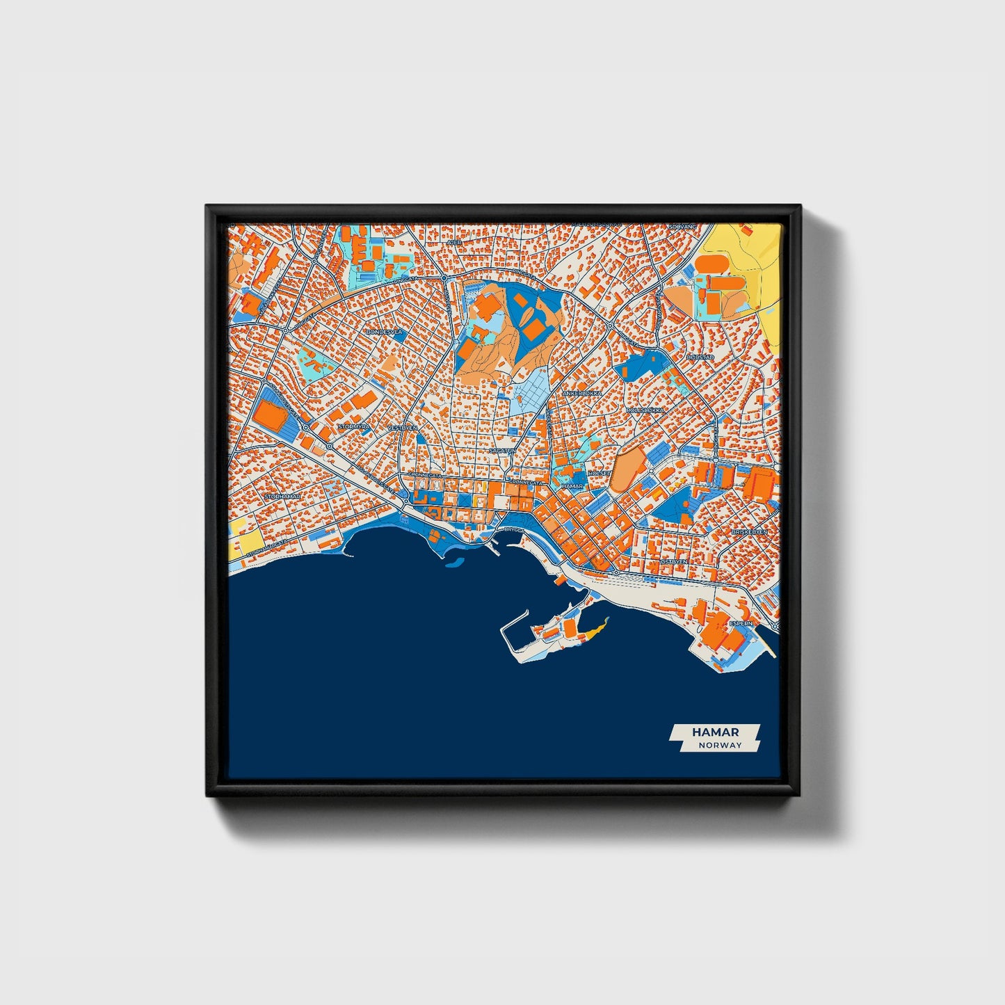 Hamar Norway Colorful City Map Canvas Print • Black Framed