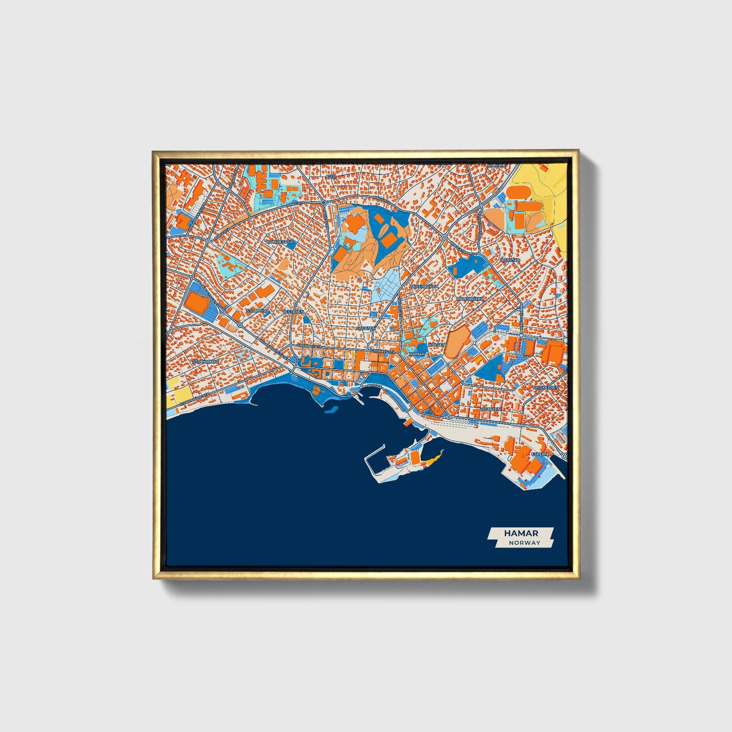 Hamar Norway Colorful City Map Canvas Print • Gold Framed