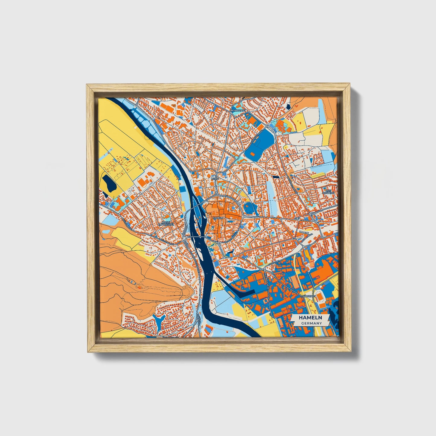 Hameln Germany Colorful City Map Canvas Print • Natural Wooden Framed