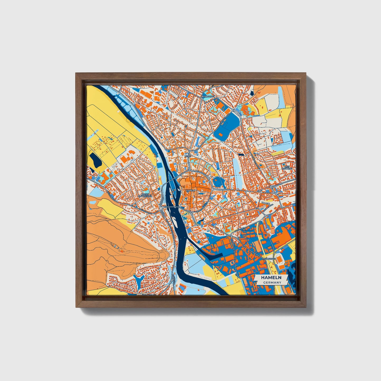 Hameln Germany Colorful City Map Canvas Print • Dark Wooden Framed