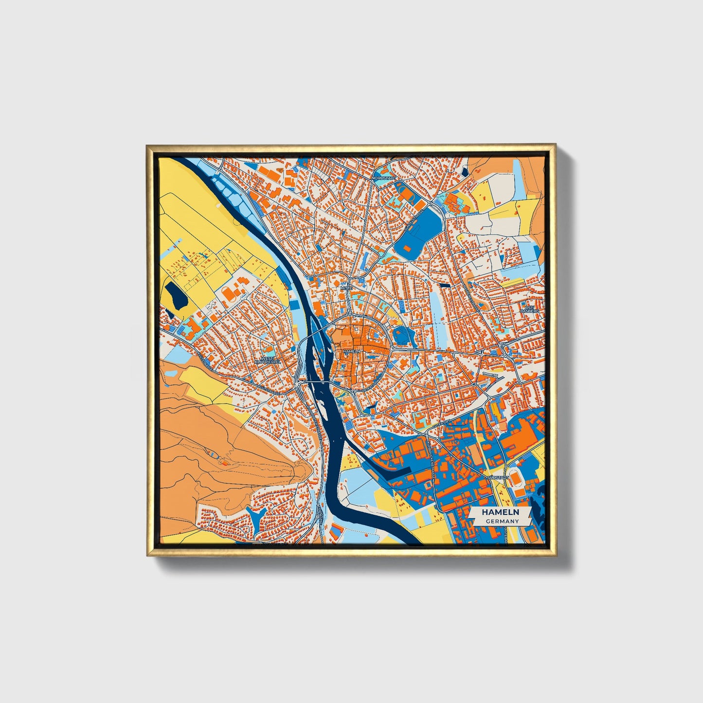 Hameln Germany Colorful City Map Canvas Print • Gold Framed
