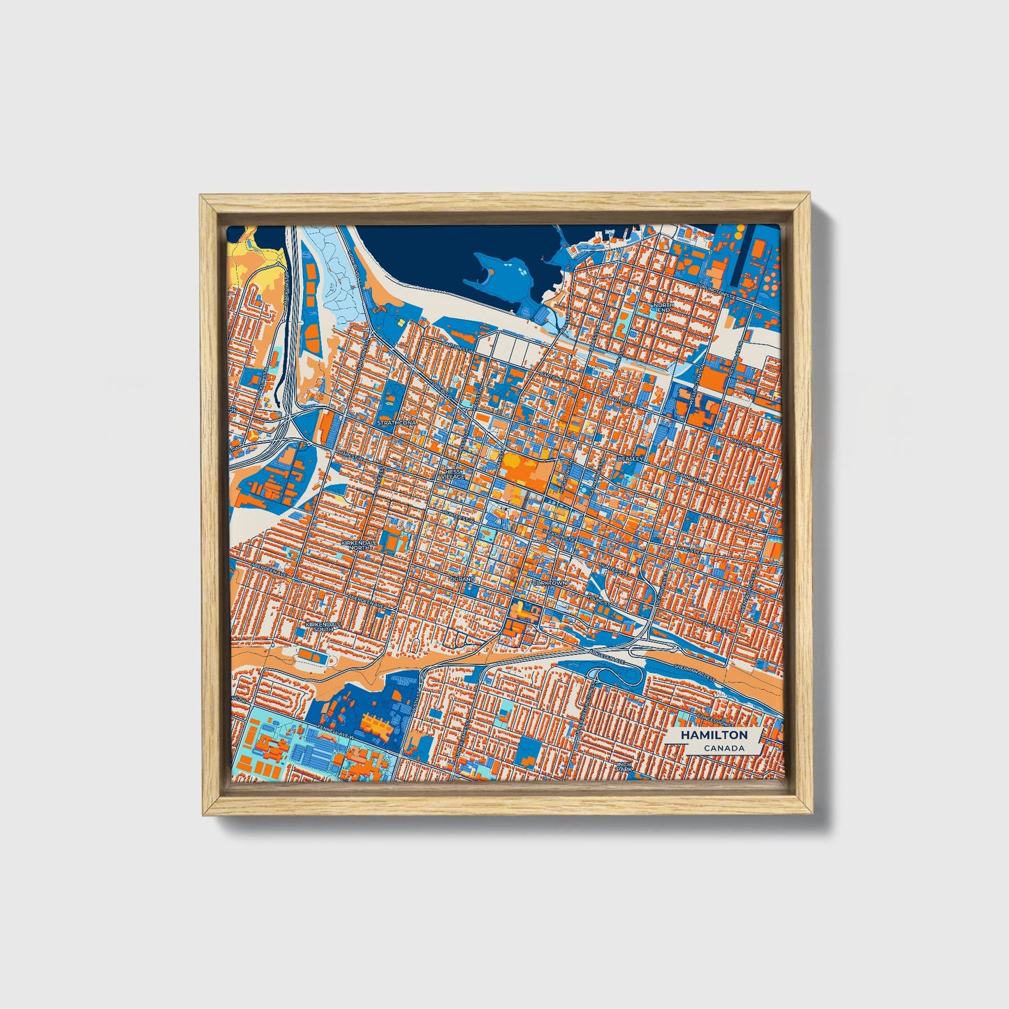 Hamilton Canada Colorful City Map Canvas Print • Natural Wooden Framed