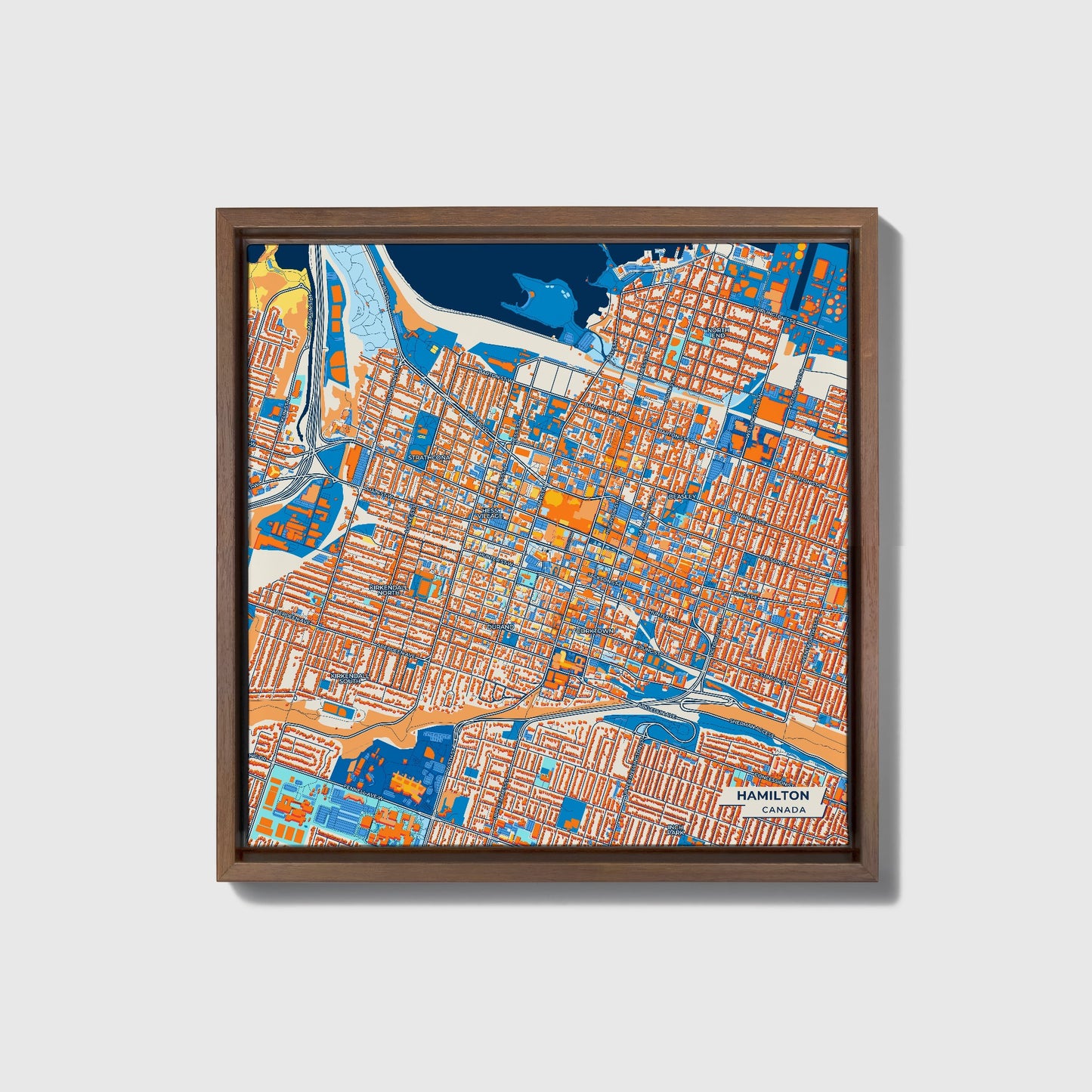 Hamilton Canada Colorful City Map Canvas Print • Dark Wooden Framed