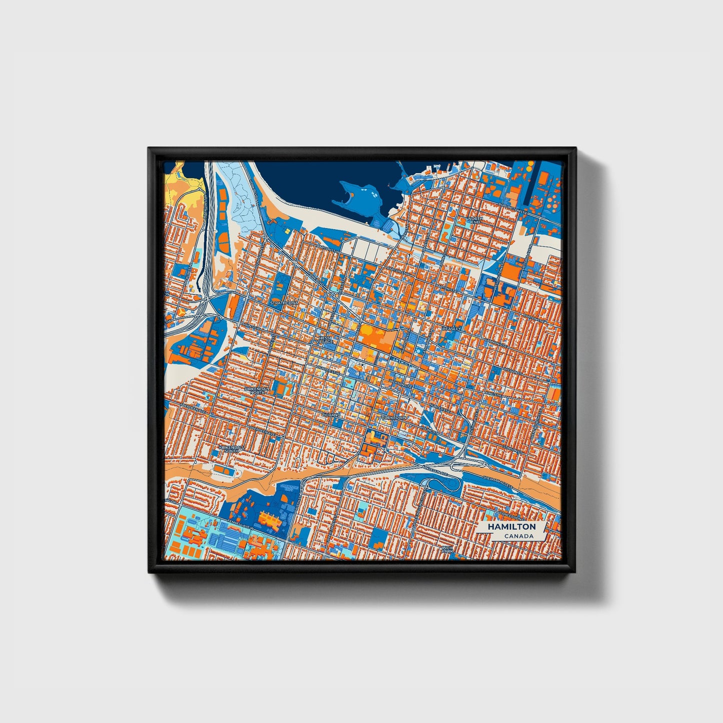 Hamilton Canada Colorful City Map Canvas Print • Black Framed