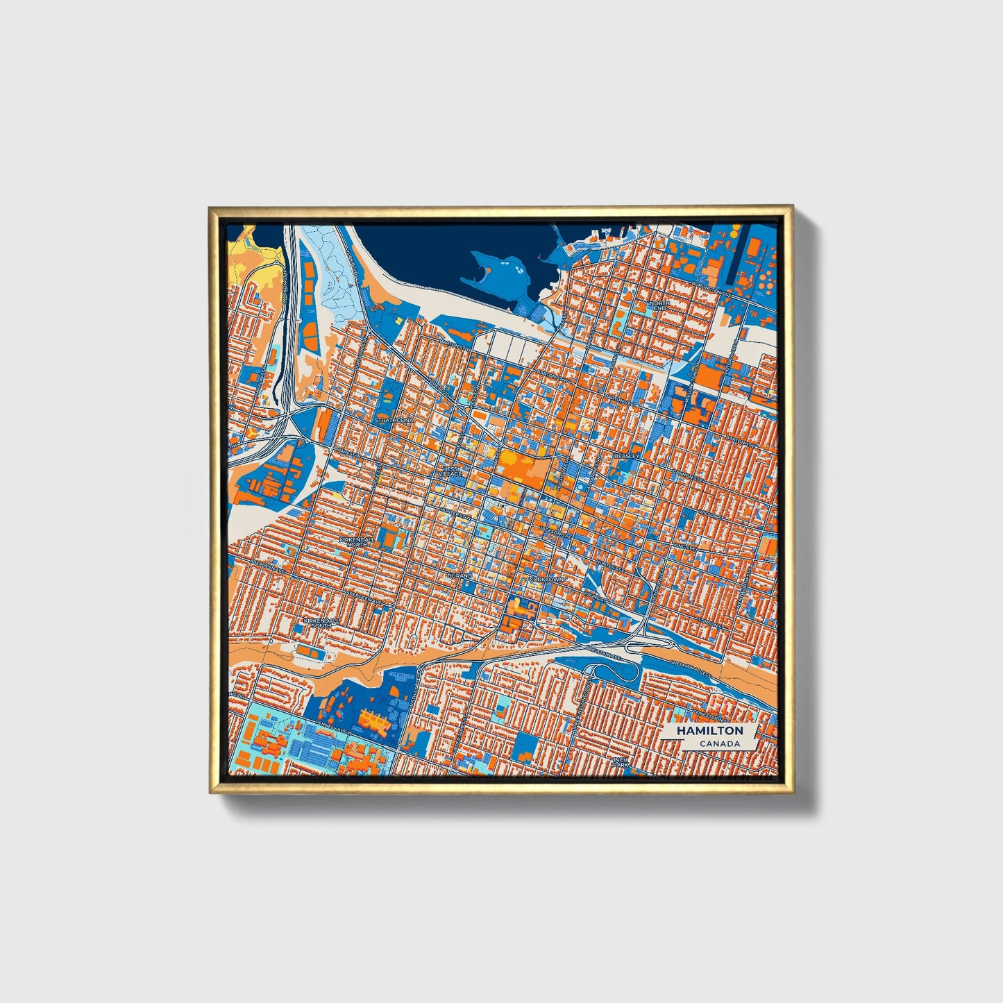 Hamilton Canada Colorful City Map Canvas Print • Gold Framed