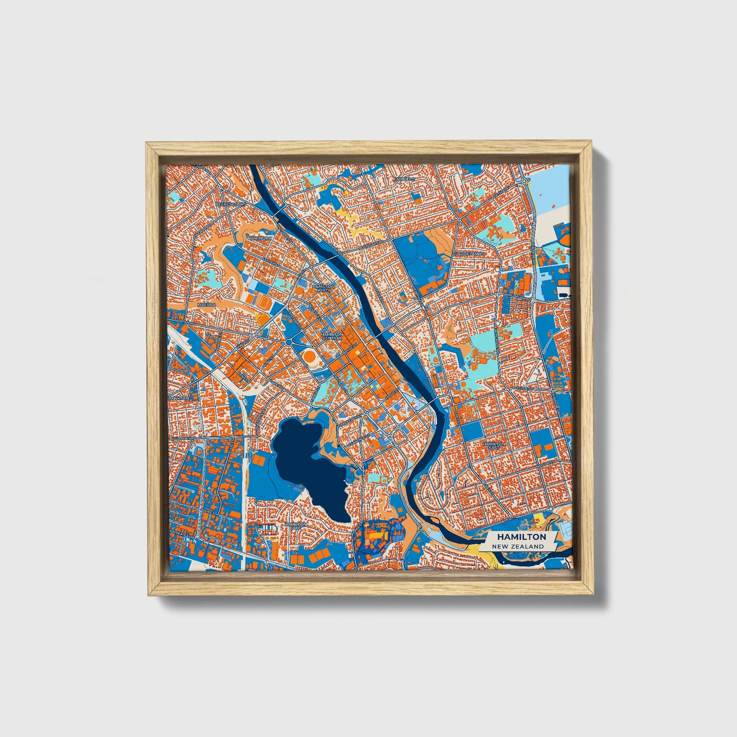 Hamilton New Zealand Colorful City Map Canvas Print • Natural Wooden Framed