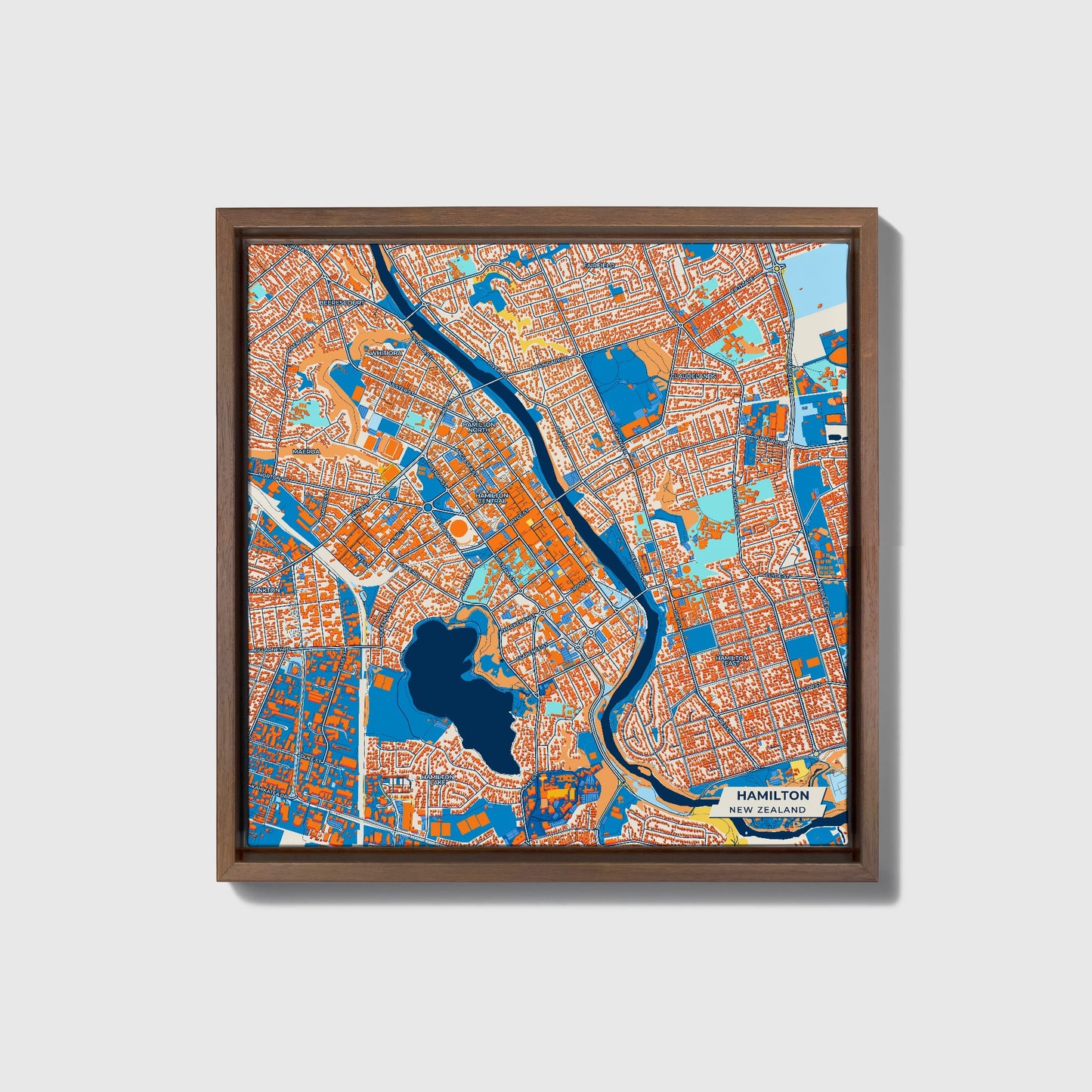 Hamilton New Zealand Colorful City Map Canvas Print • Dark Wooden Framed
