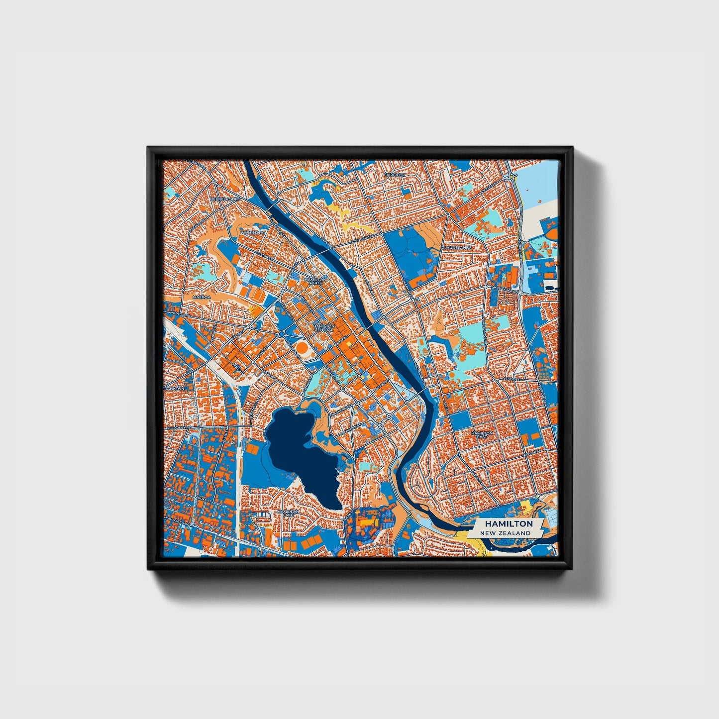 Hamilton New Zealand Colorful City Map Canvas Print • Black Framed