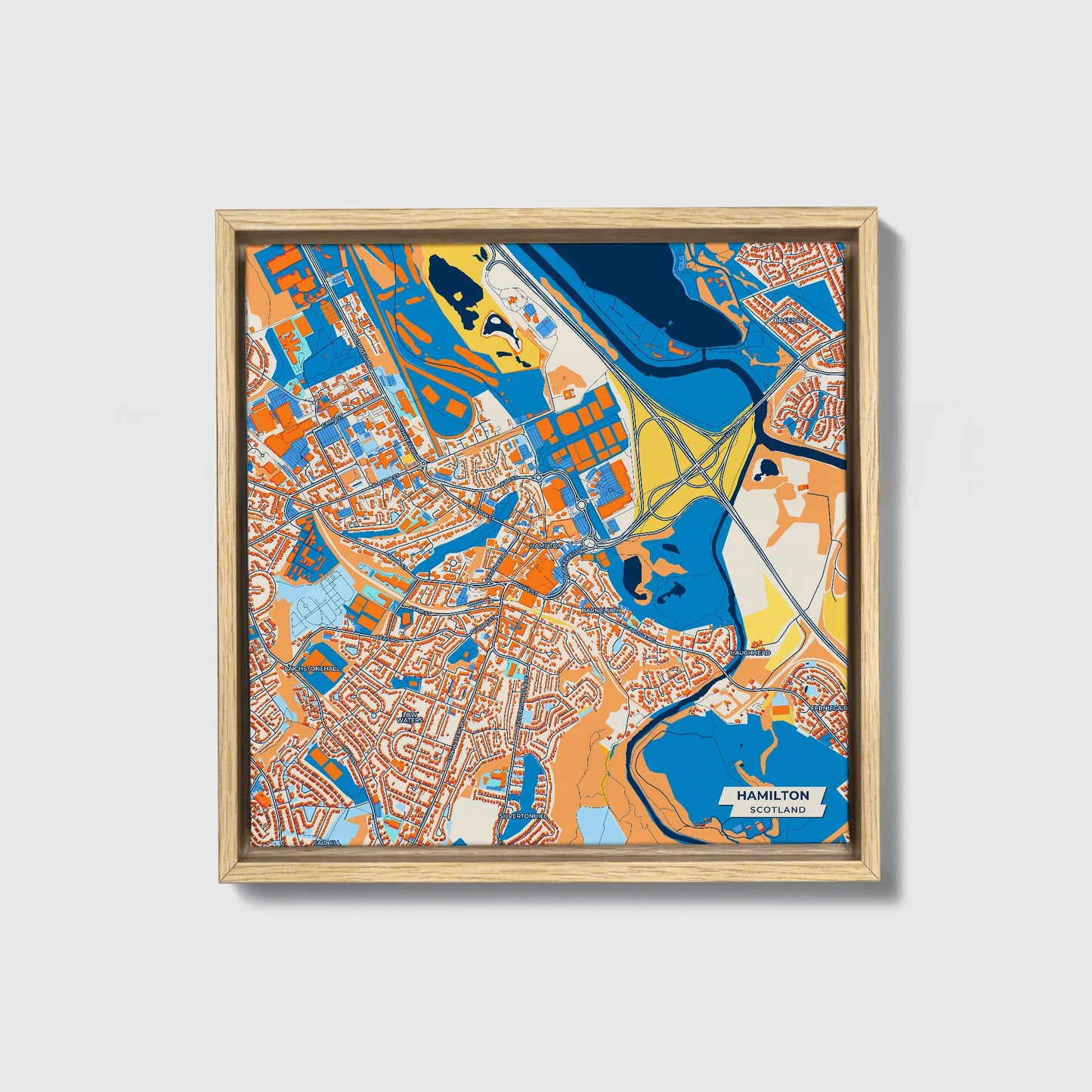 Hamilton Scotland Colorful City Map Canvas Print • Natural Wooden Framed