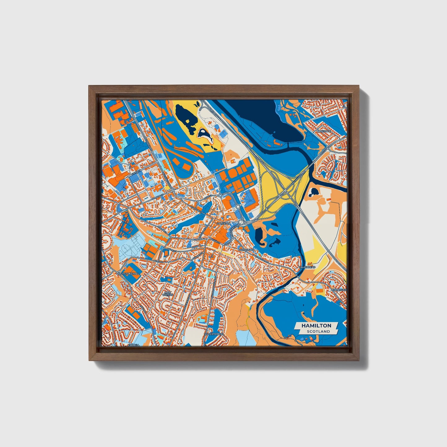 Hamilton Scotland Colorful City Map Canvas Print • Dark Wooden Framed