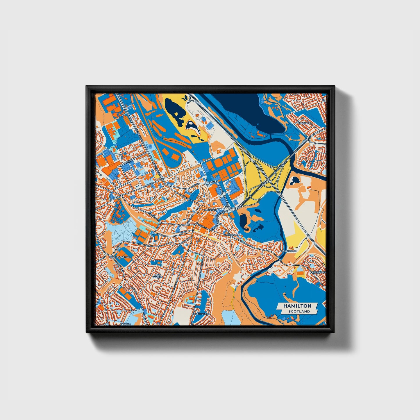 Hamilton Scotland Colorful City Map Canvas Print • Black Framed