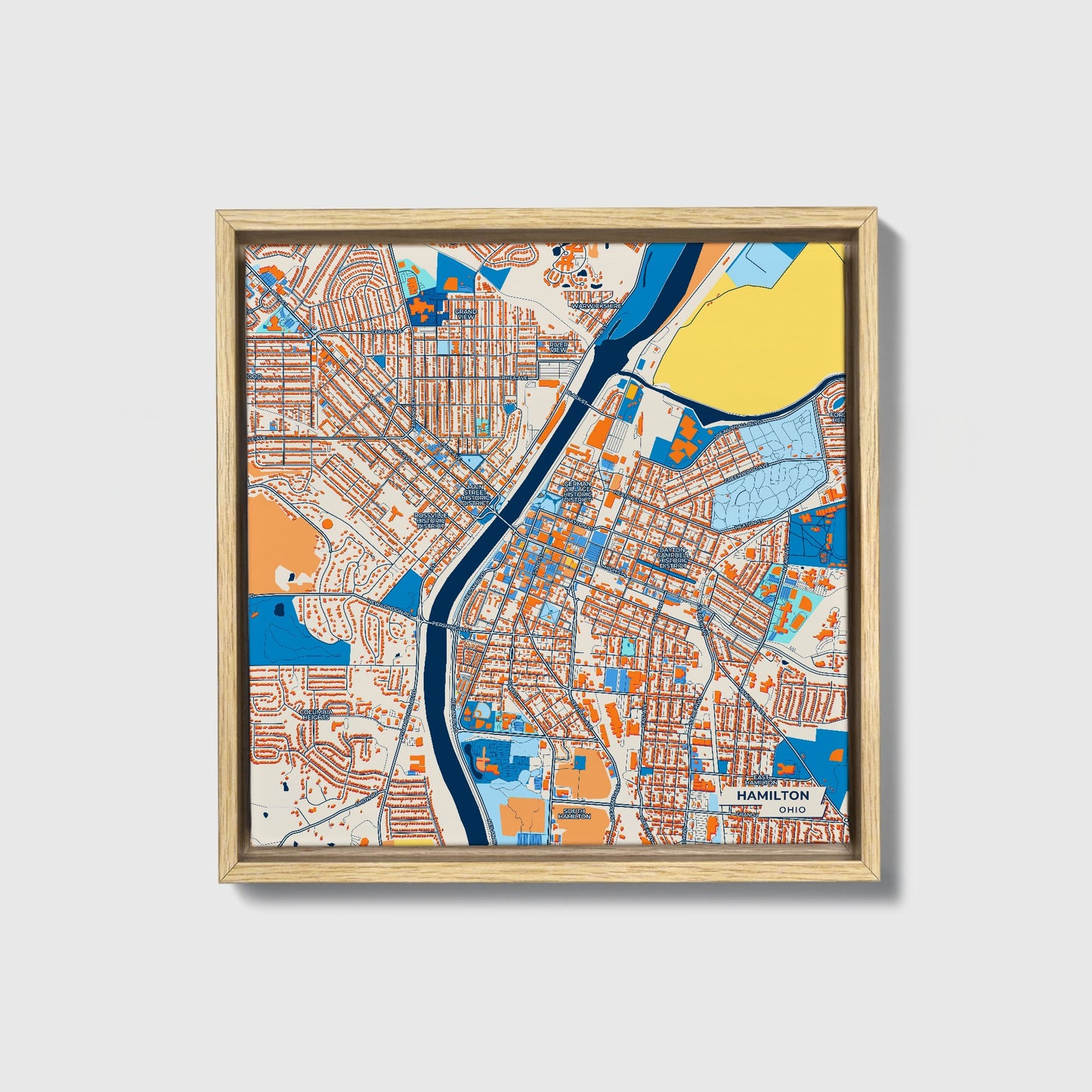 Hamilton Ohio Colorful City Map Canvas Print • Natural Wooden Framed