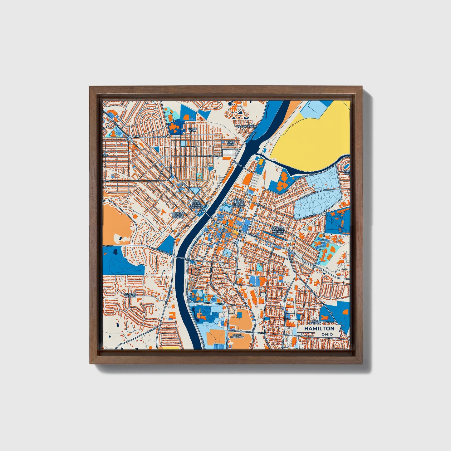 Hamilton Ohio Colorful City Map Canvas Print • Dark Wooden Framed