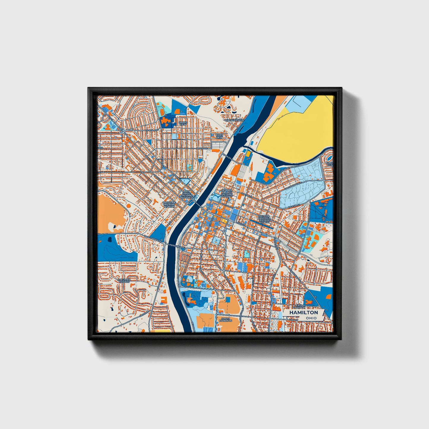 Hamilton Ohio Colorful City Map Canvas Print • Black Framed