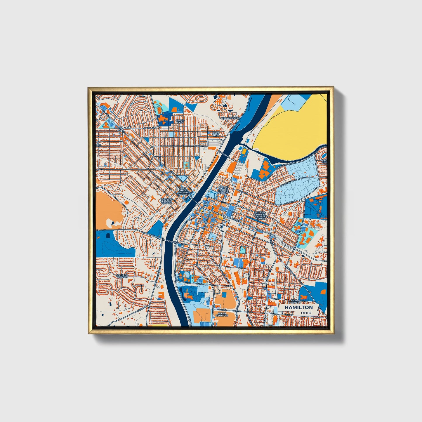 Hamilton Ohio Colorful City Map Canvas Print • Gold Framed