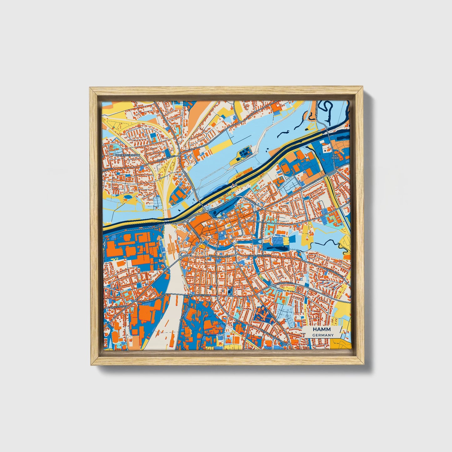 Hamm Germany Colorful City Map Canvas Print • Natural Wooden Framed