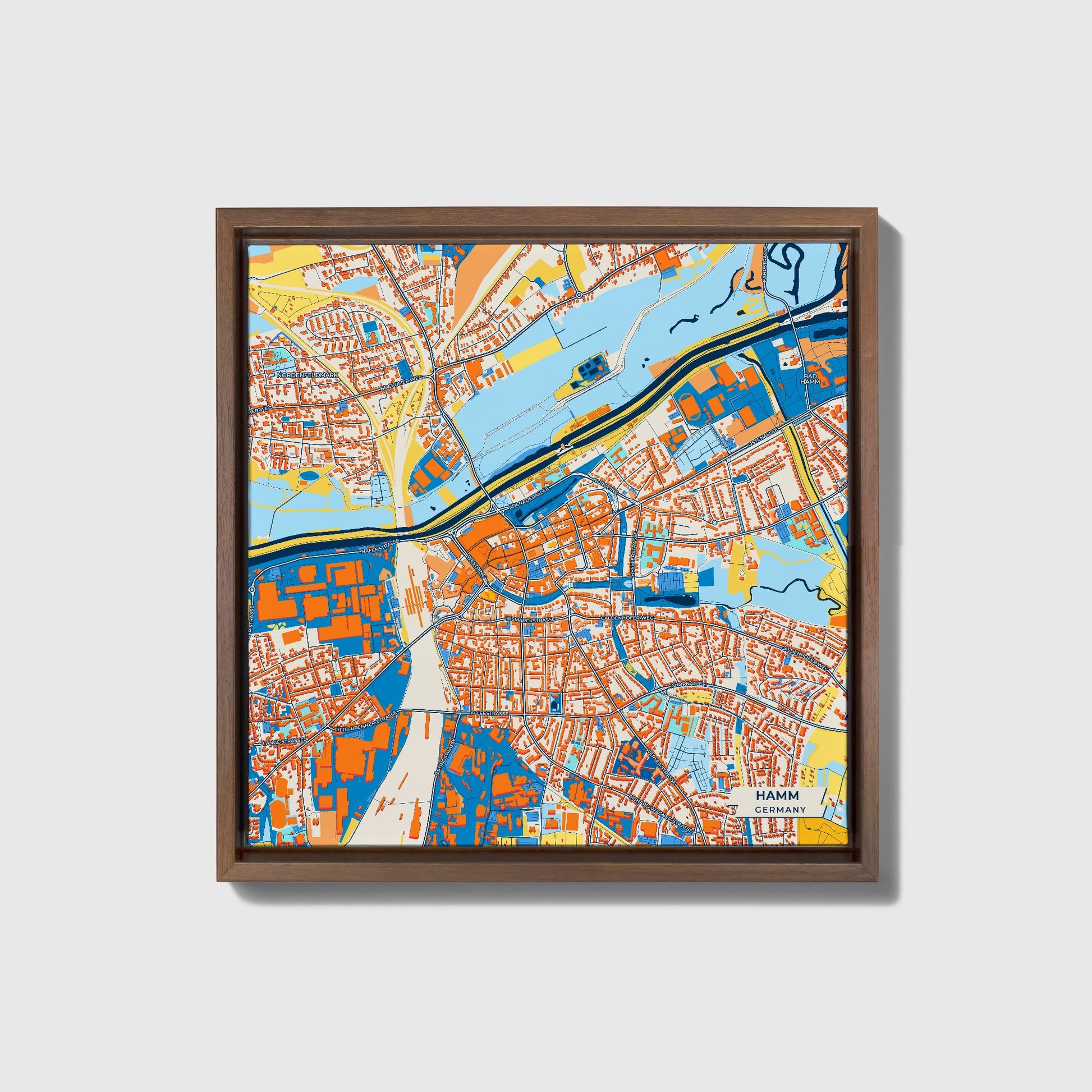 Hamm Germany Colorful City Map Canvas Print • Dark Wooden Framed