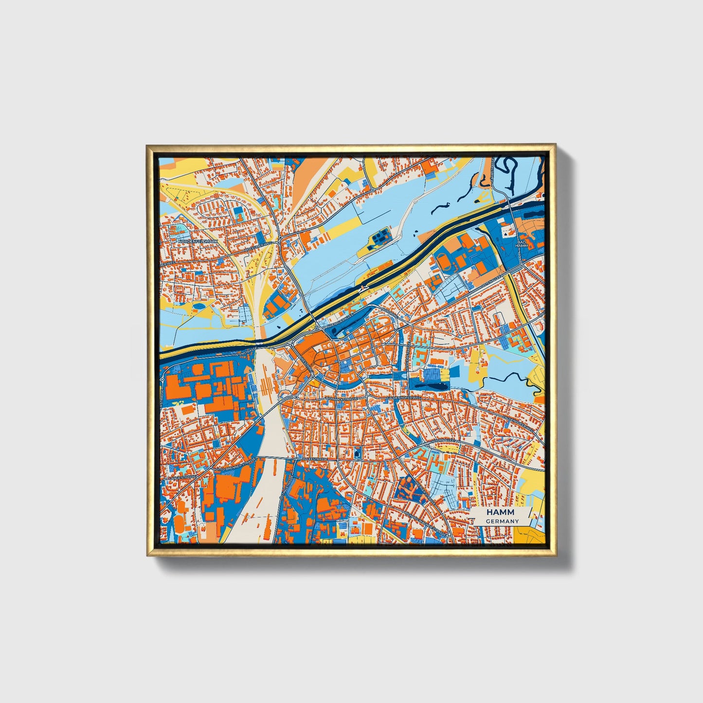 Hamm Germany Colorful City Map Canvas Print • Gold Framed