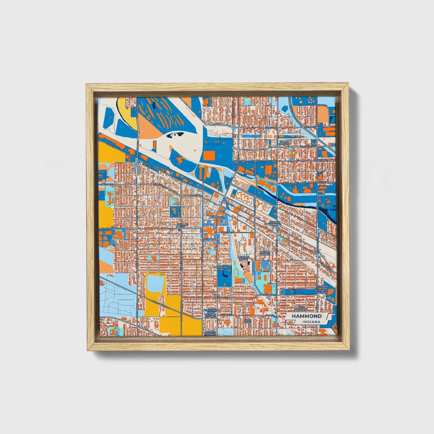 Hammond Indiana Colorful City Map Canvas Print • Natural Wooden Framed
