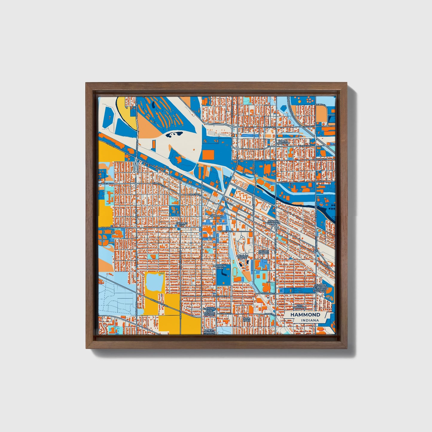 Hammond Indiana Colorful City Map Canvas Print • Dark Wooden Framed