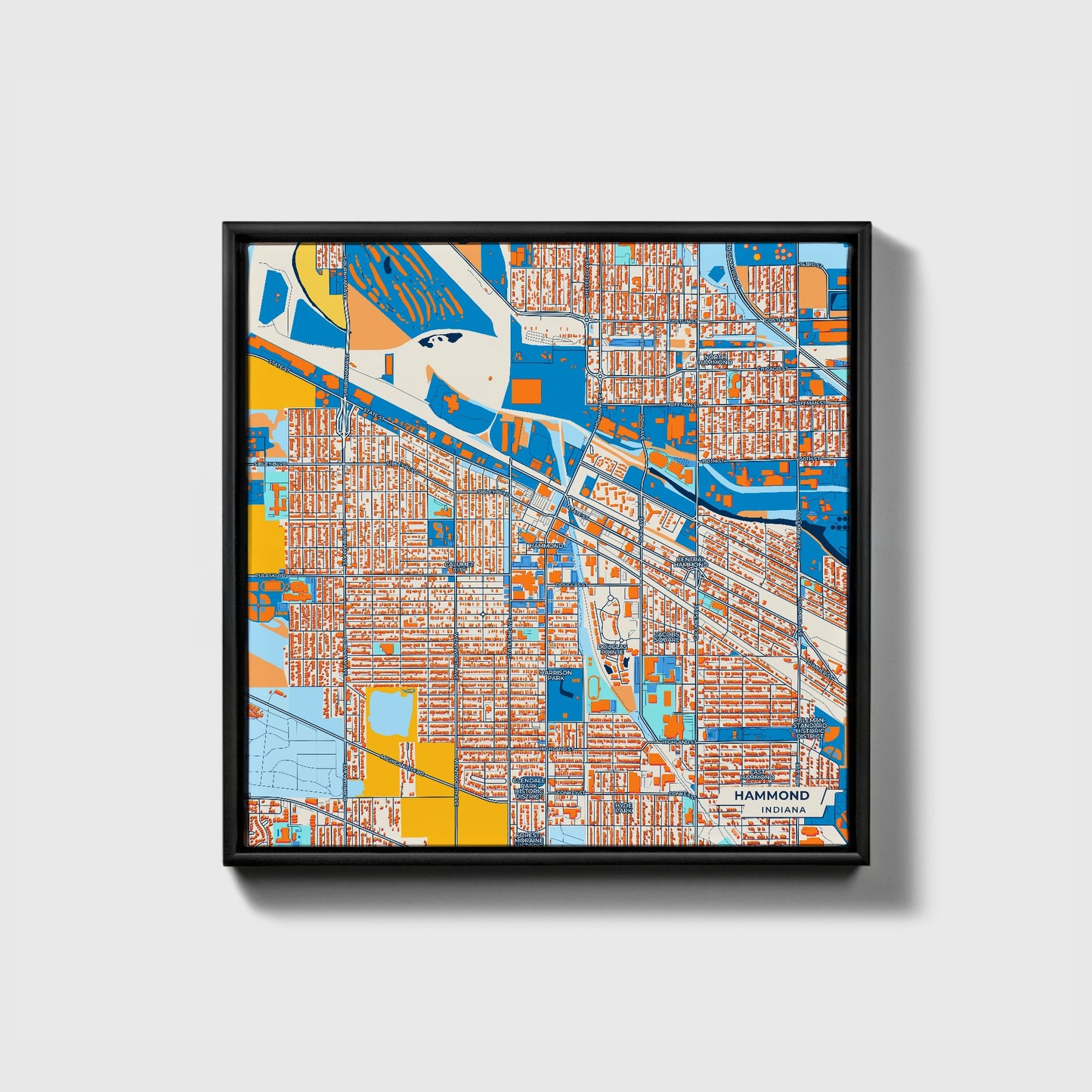 Hammond Indiana Colorful City Map Canvas Print • Black Framed