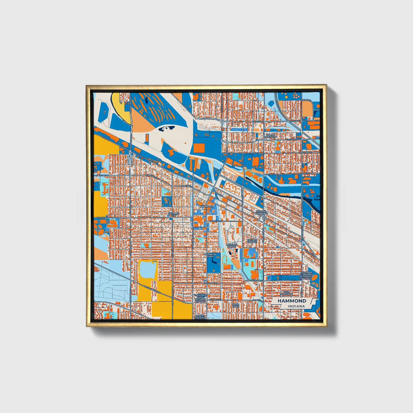 Hammond Indiana Colorful City Map Canvas Print • Gold Framed