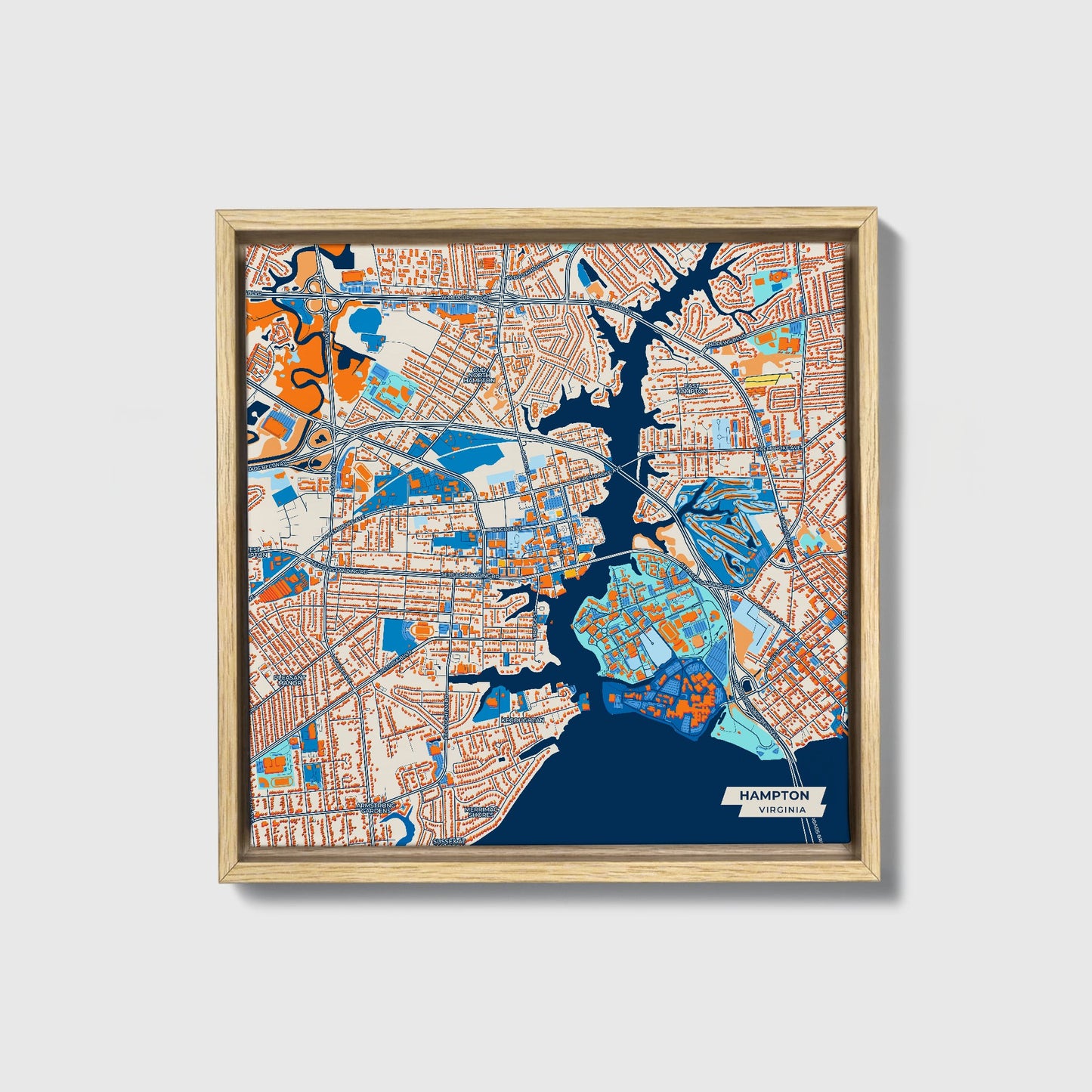 Hampton Virginia Colorful City Map Canvas Print • Natural Wooden Framed