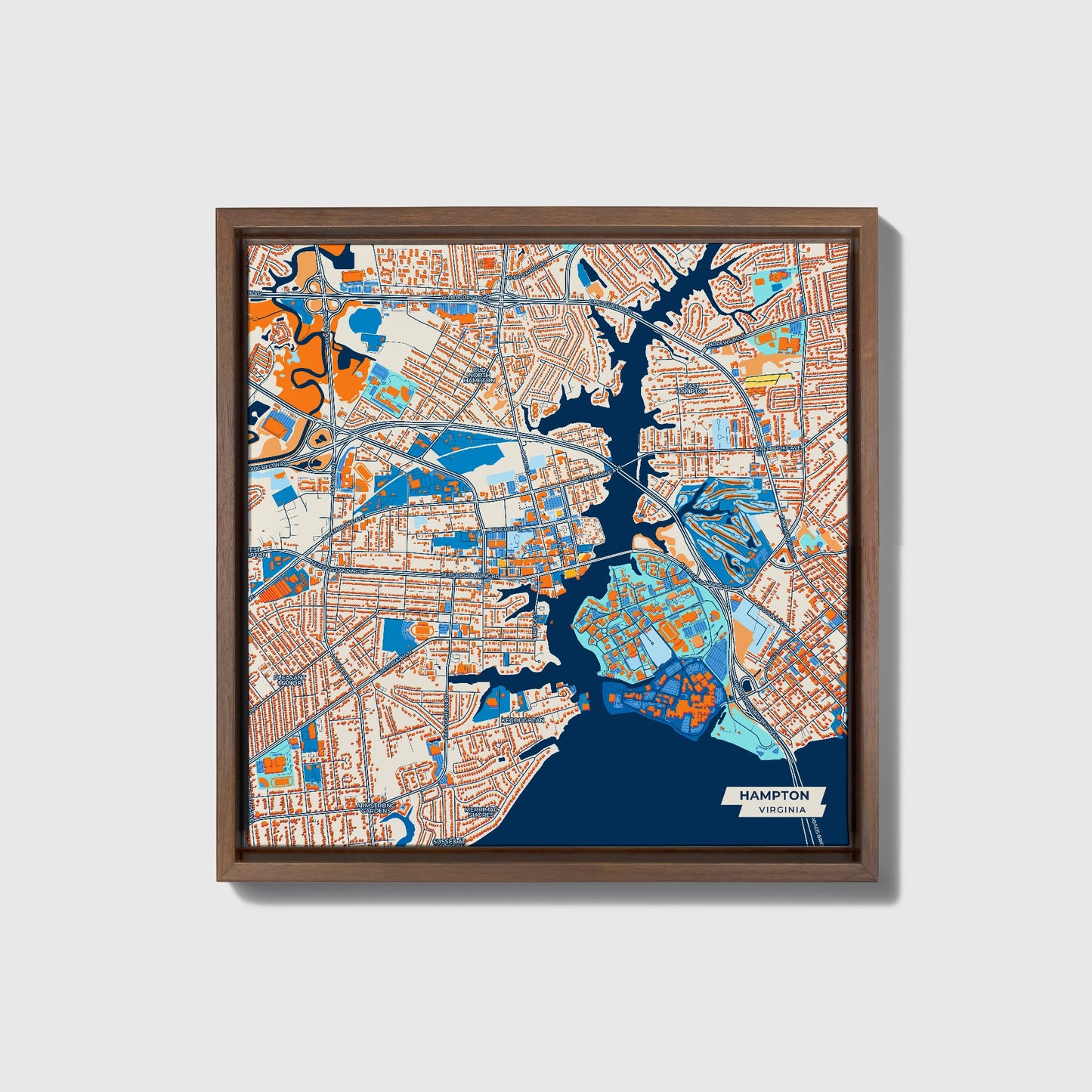 Hampton Virginia Colorful City Map Canvas Print • Dark Wooden Framed