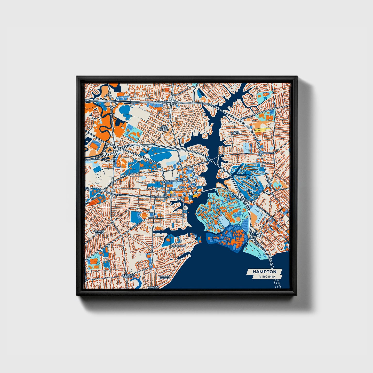 Hampton Virginia Colorful City Map Canvas Print • Black Framed