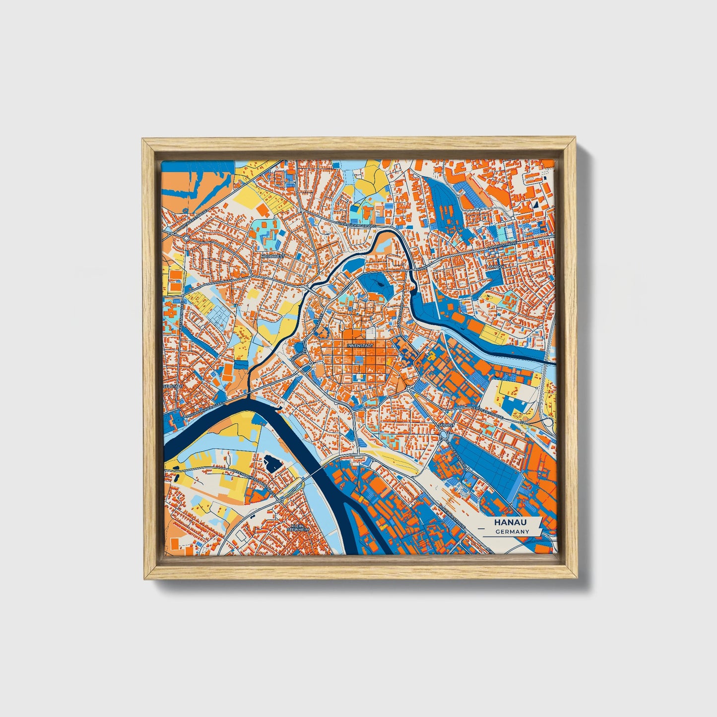 Hanau Germany Colorful City Map Canvas Print • Natural Wooden Framed