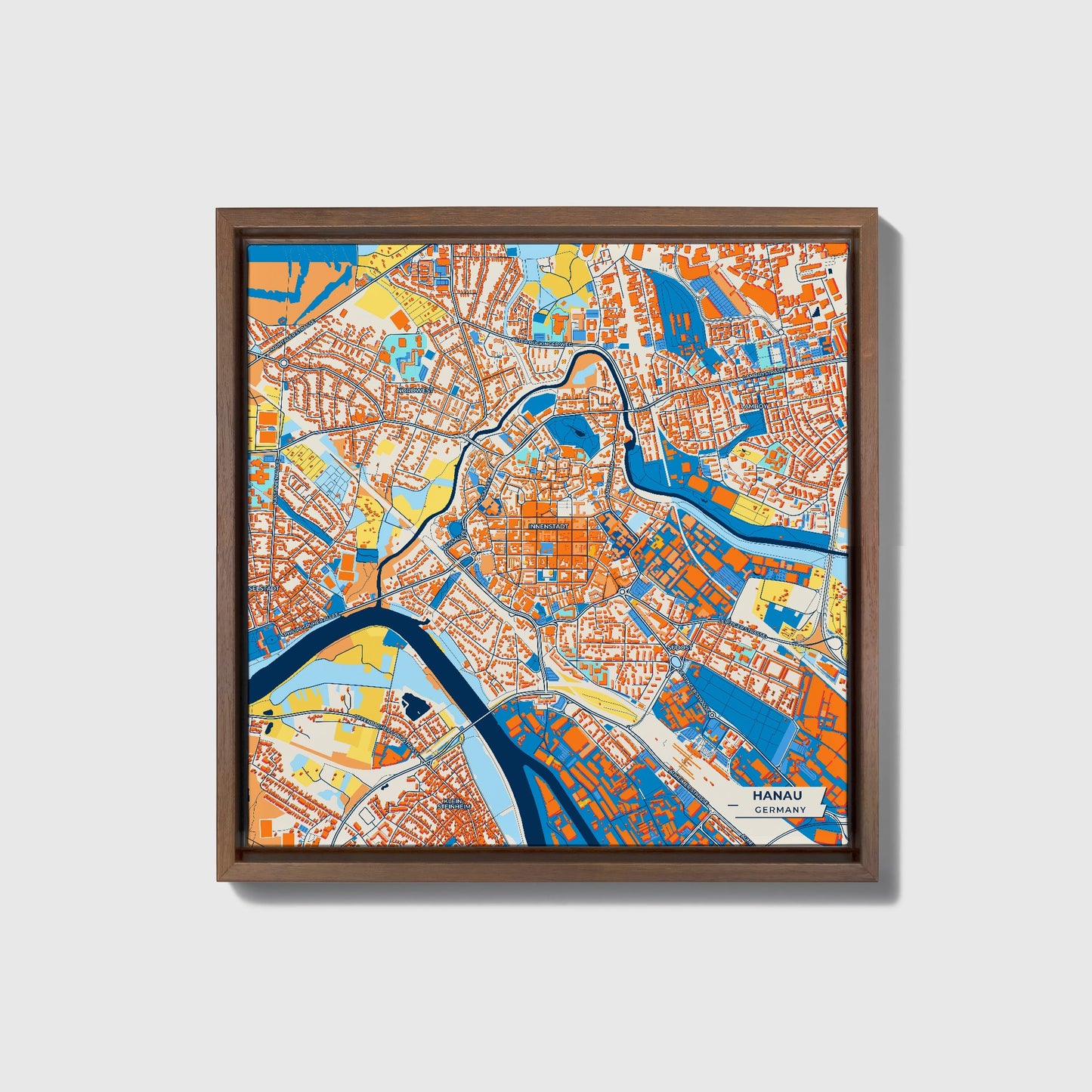 Hanau Germany Colorful City Map Canvas Print • Dark Wooden Framed