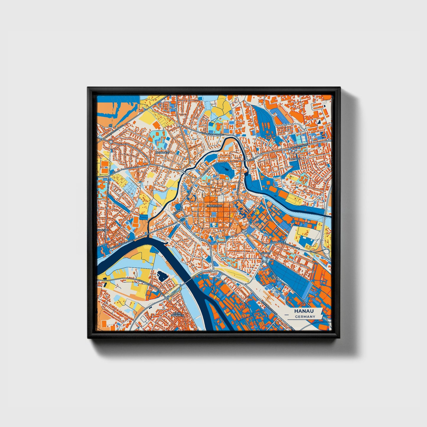 Hanau Germany Colorful City Map Canvas Print • Black Framed