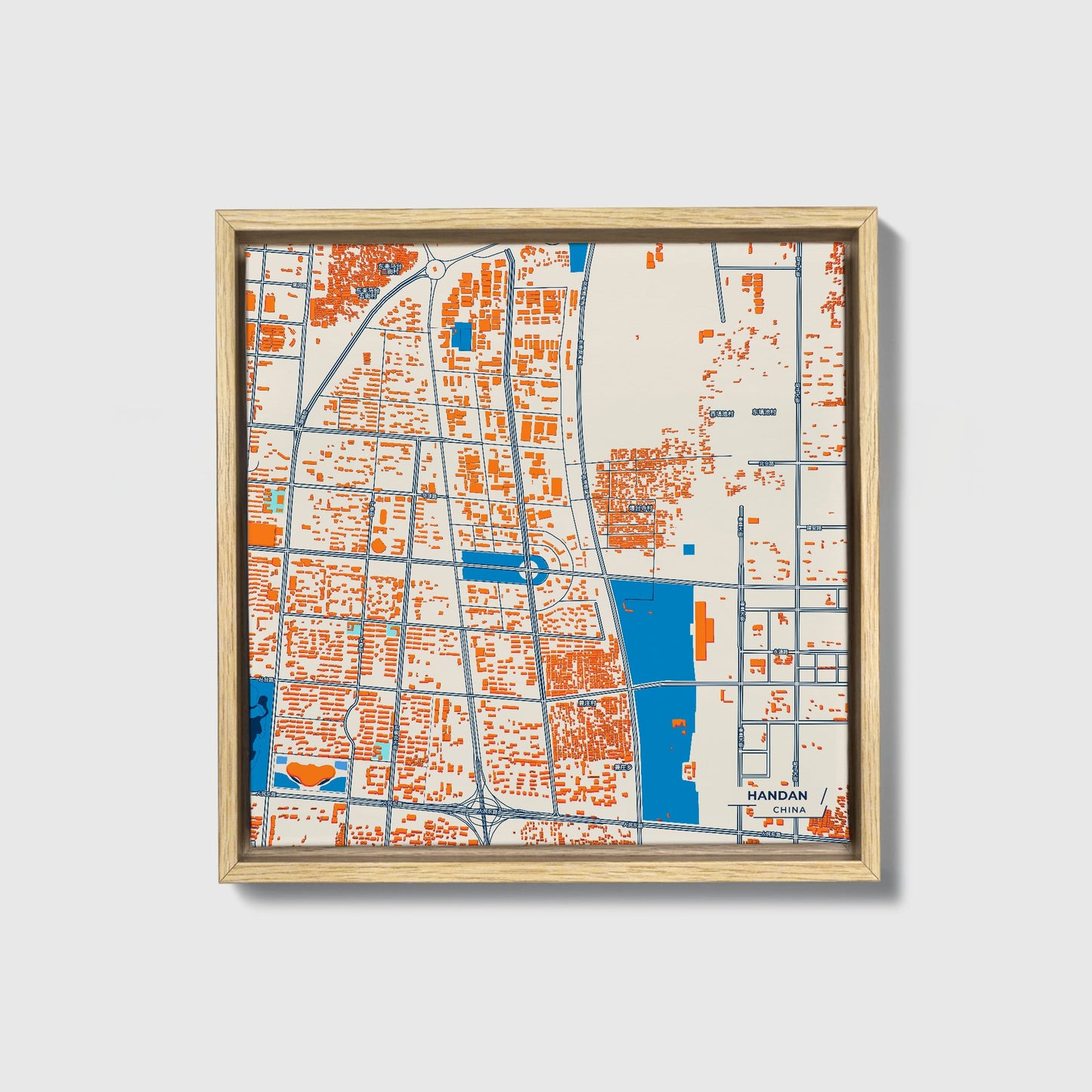 Handan China Colorful City Map Canvas Print • Natural Wooden Framed