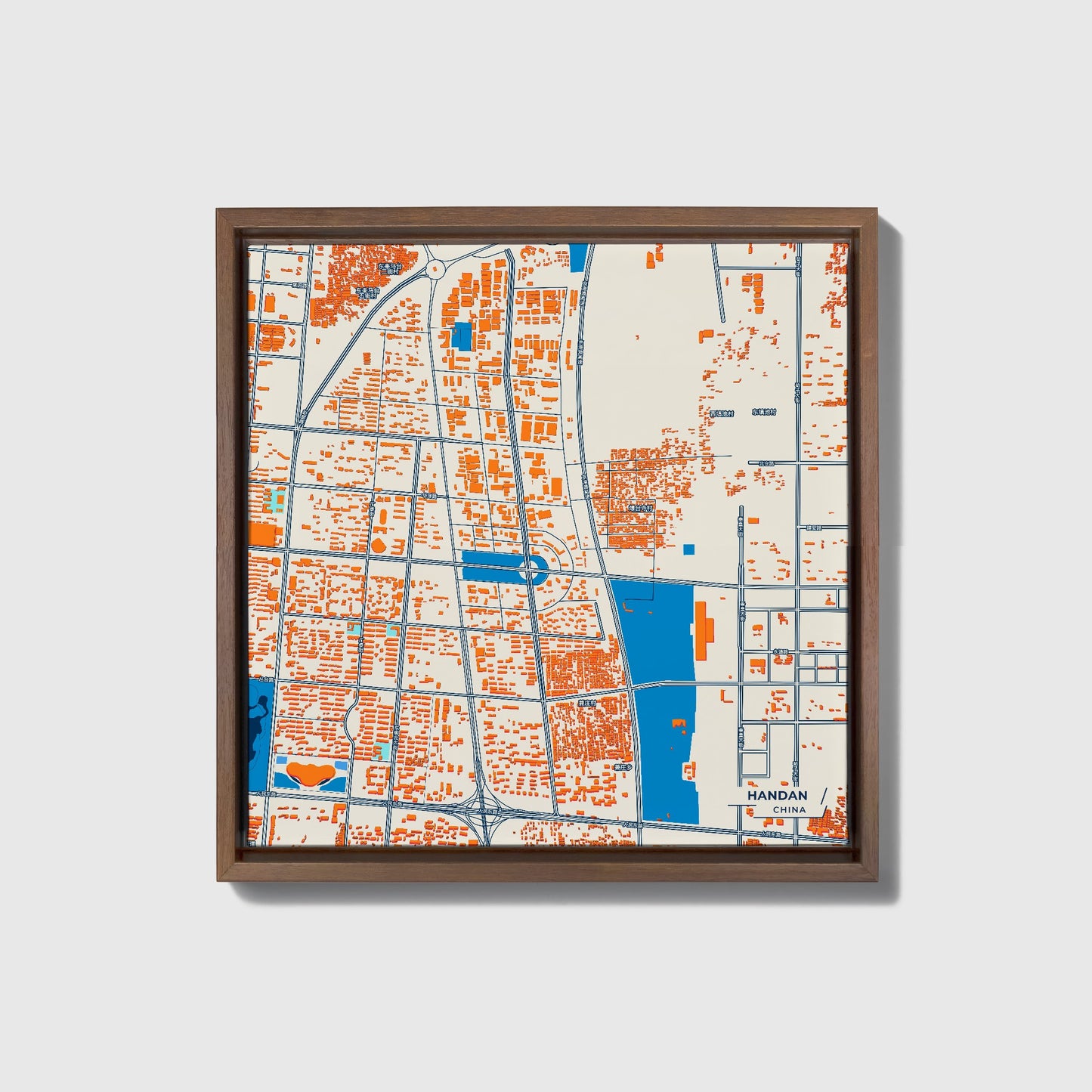 Handan China Colorful City Map Canvas Print • Dark Wooden Framed